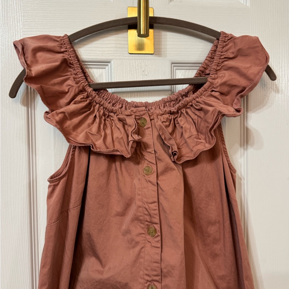 Hatch Maternity Ruffled Off-Shoulder Jumpsuit in Dusty Pink Cotton Blend Buttons - Picture 6 of 9